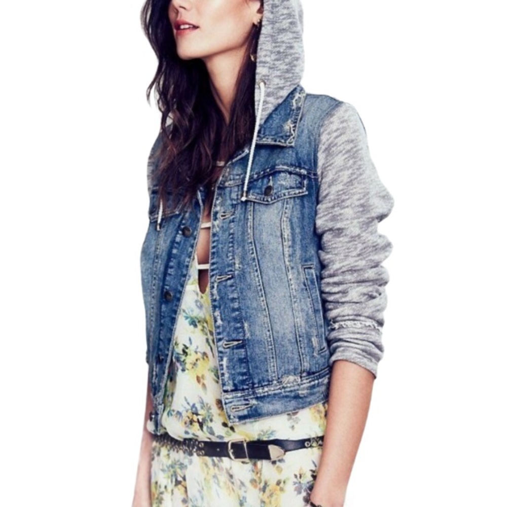 Free People Blue And Grey Jean Jacket Hoodie - Women’s Size Xs